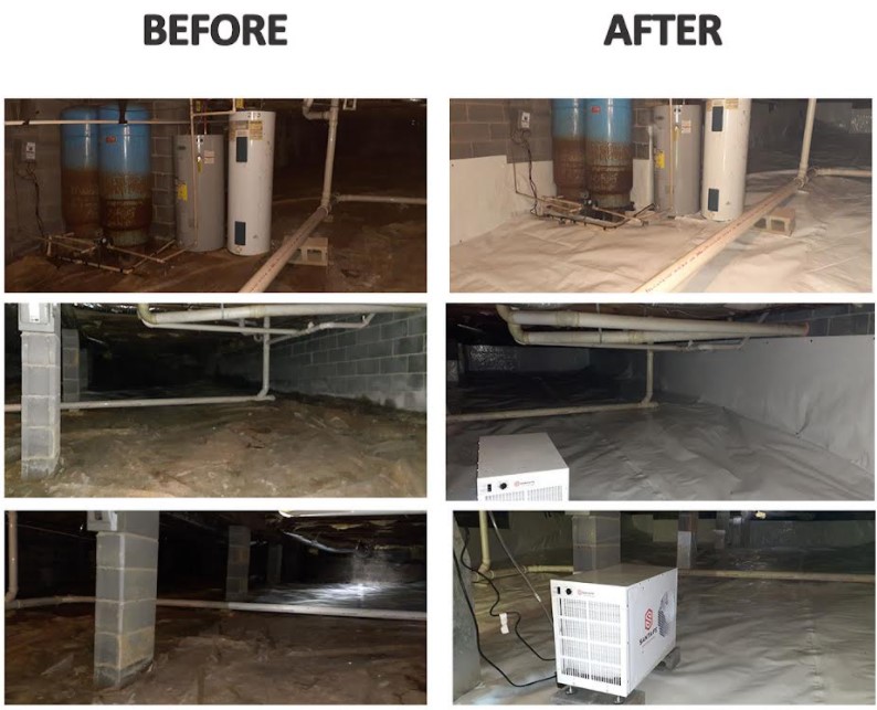 Before and After photos of a crawl space encapsulation for moisture control